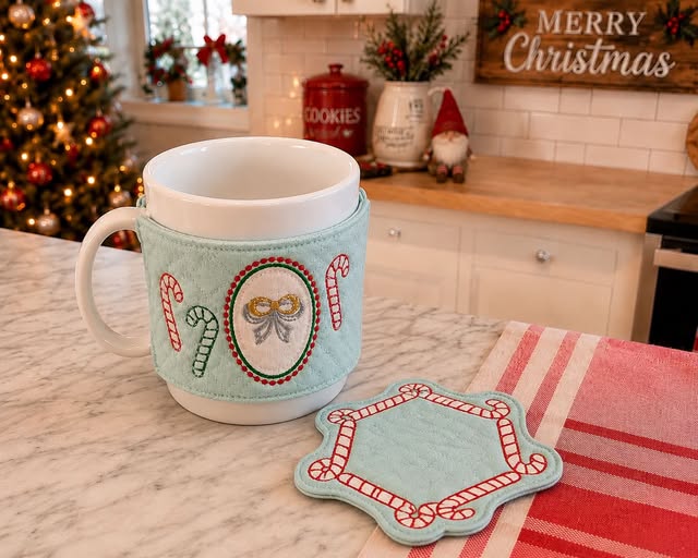 ITH CANDY CANE COASTER, CUP WRAP SET  4X4, 5X7